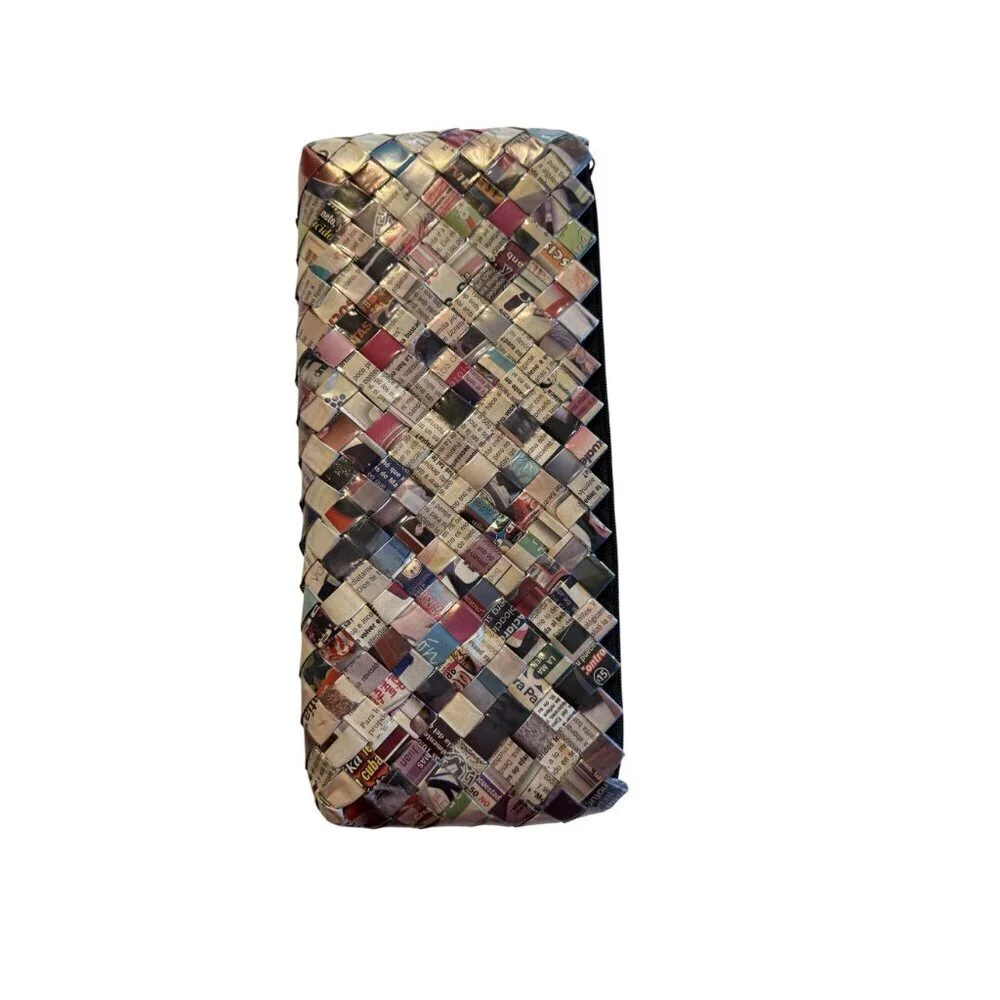 Handwoven Recycled Magazine Newspaper Clutch Bag With Zipper Closure